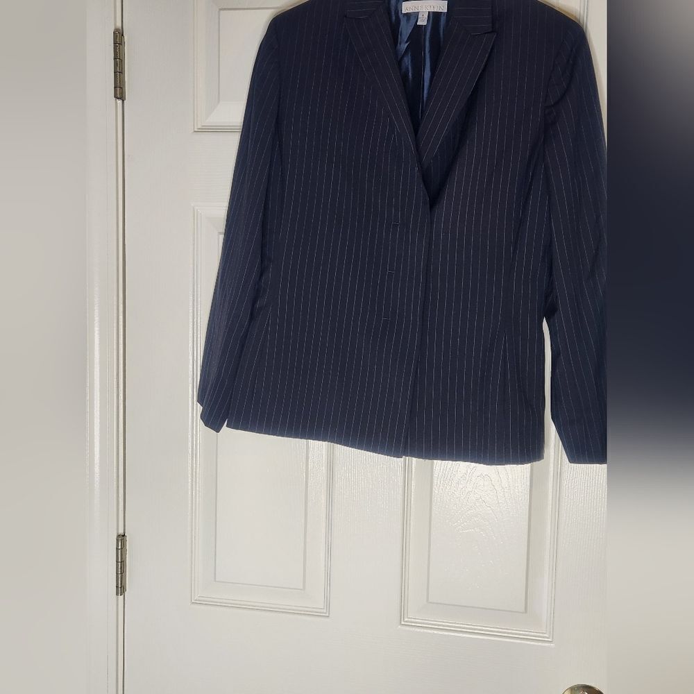 Anne Klein 6 Striped Navy Blue 100% WOOL Lined Buttons Up Women’s Blazer